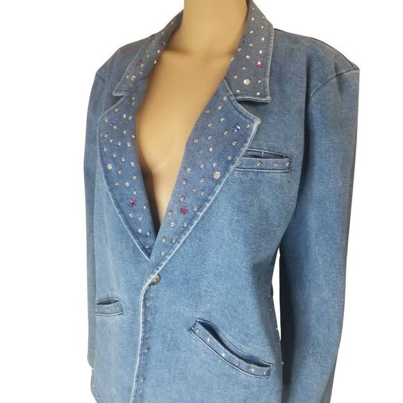 VINTAGE TUXEDO JEAN JACKET by Explosive Crystal Adorned Collar Size Large - Picture 1 of 10